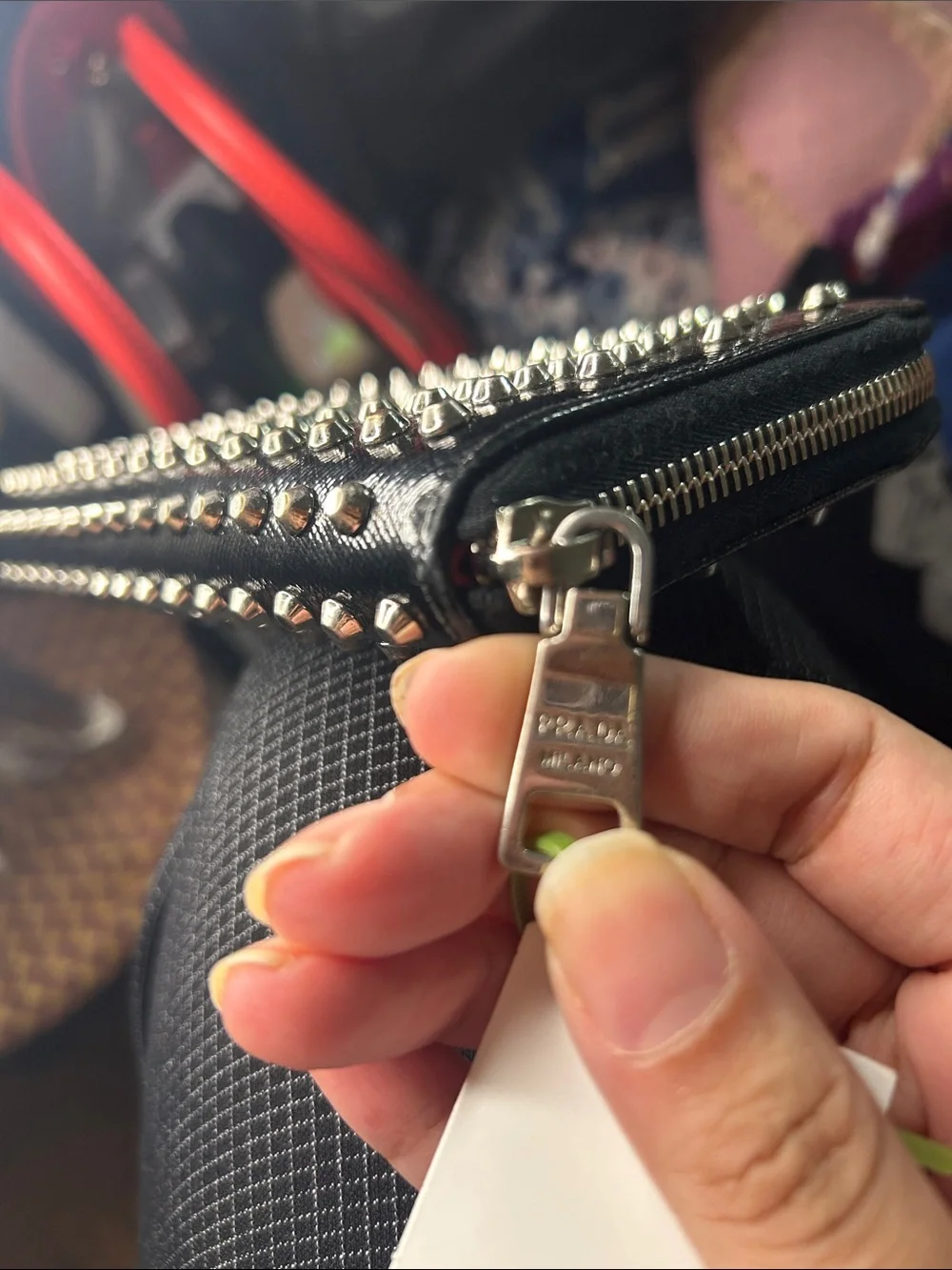 Prada Black Saffiano Leather Zip Wallet with Silver Studs